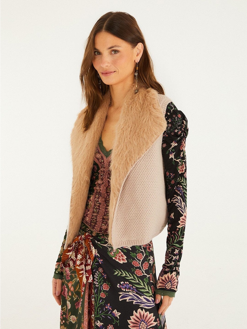 FARM Rio Beige Fur Sleeveless Knit Vest Size Large